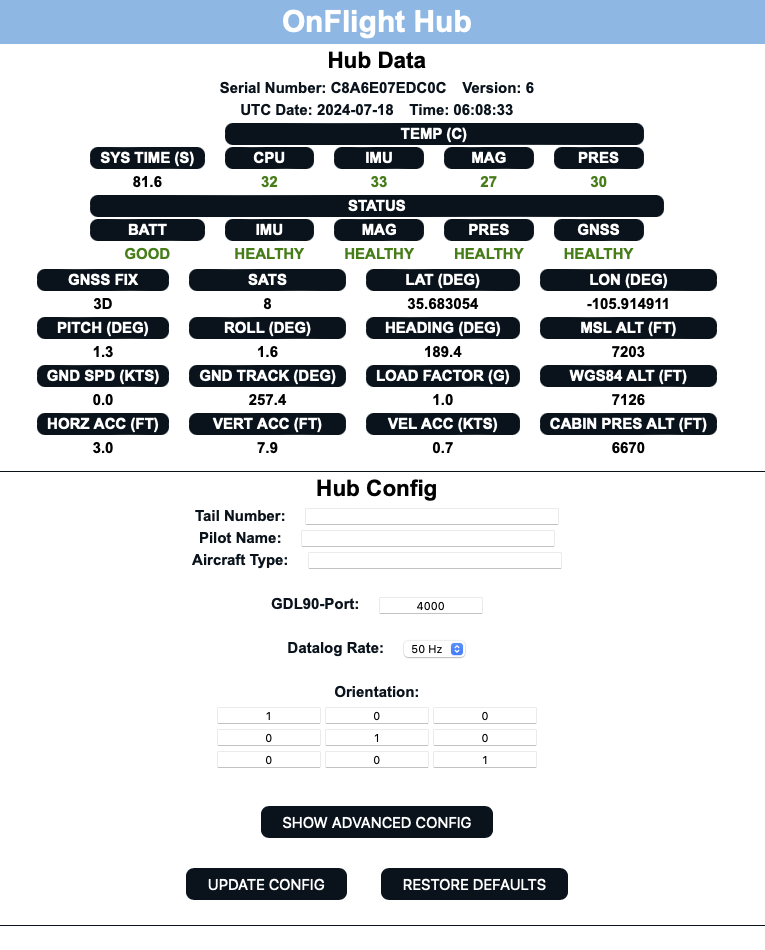 OnFlight configuration page