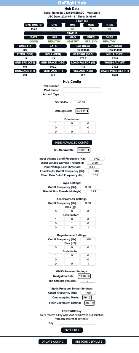 OnFlight advanced configuration page