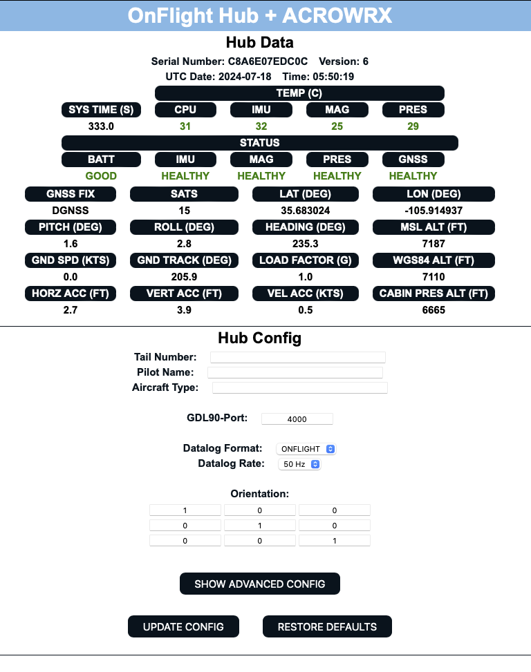 OnFlight configuration page with ACROWRX option activated